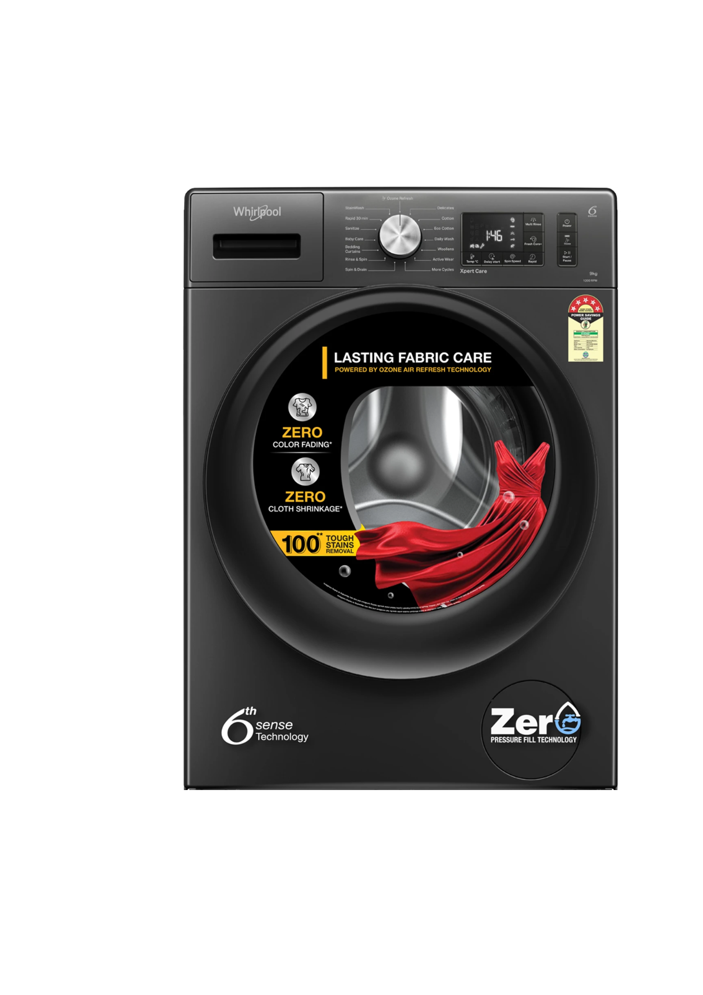 whirlpool Washing Machine 9 kg ozone technology 5 star inverter 100,1200RPM+ tough stains+ Supremcarefully e automatic front load, built in heater