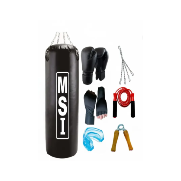 Monika Sports Senior Boxing Pack 3 Feet Unfilled Punching Bag + Pair of Boxing Gloves + Pair of Boxing handwrap + 1 Mouth Guard + 1 Hanging Chain + 1 Bearing Skipping Rope + 1 Wooden Handgrip Boxing Kit