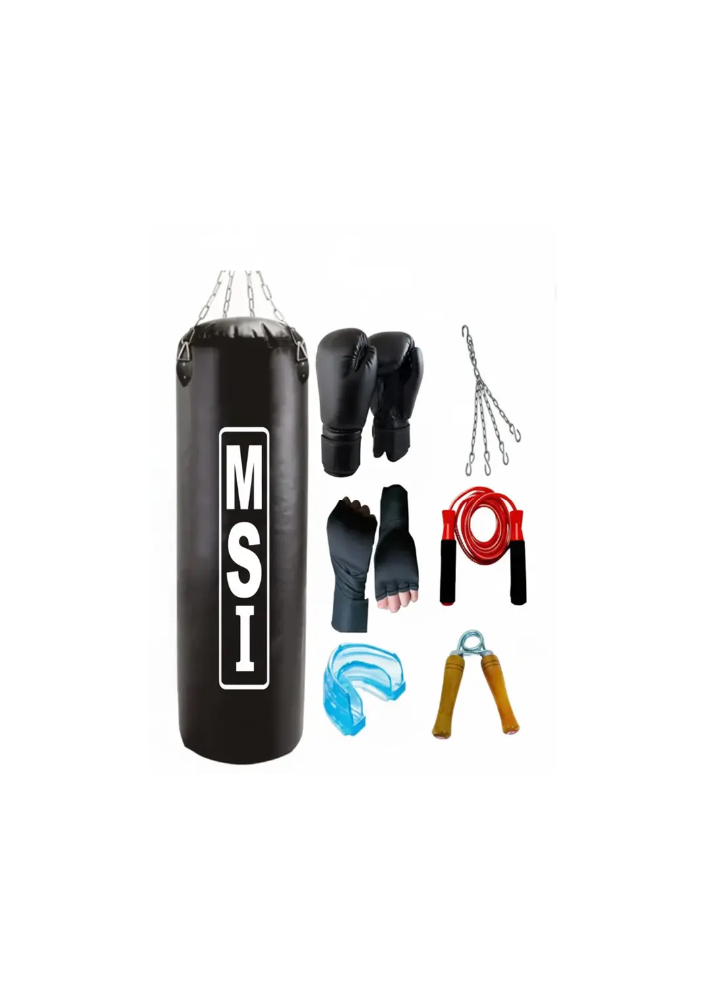 Monika Sports Senior Boxing Pack 3 Feet Unfilled Punching Bag + Pair of Boxing Gloves + Pair of Boxing handwrap + 1 Mouth Guard + 1 Hanging Chain + 1 Bearing Skipping Rope + 1 Wooden Handgrip Boxing Kit
